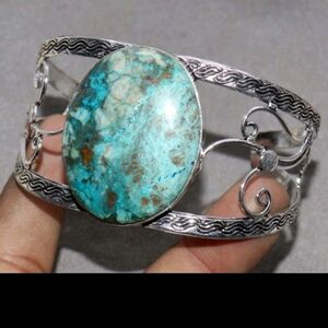 Chrysocolla Gemstone 925 Sterling Silver Handmade Adjustable Cuff Bracelet